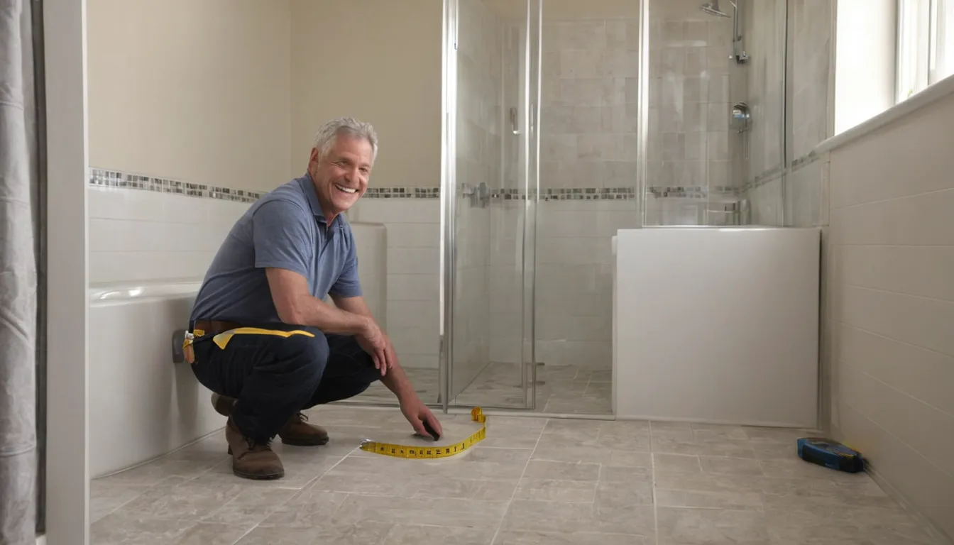 A provider measuring a bathroom for a walk-in shower near Euclid
